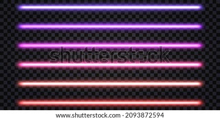 Neon laser beams, glowing sticks with fluorescent light effect. iridescent spectrum blue, purple, pink, red colors. electric thunder bolt, shiny ray lines isolated. vector illustration