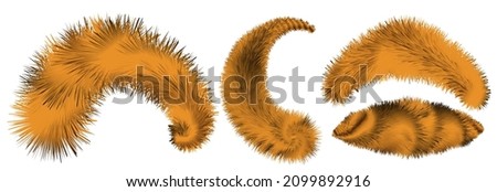 Fur brushes and pompoms, hair y texture. striped orange and black tiger and for fluffy fur. isolated objects, vector illustration