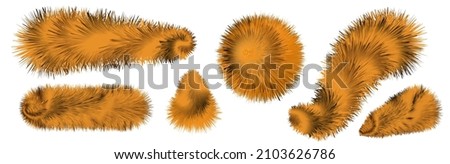 Fur brushes,  pompoms and ball, fuzzy hair texture. striped orange and black tiger and for fluffy fuzzy fur. isolated objects, vector illustration