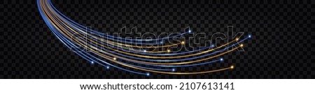 Fiber optic cables, fibre network technology. Neon glowing impulse lines with light effect, blue and yellow. Tech design element isolated on transparent background. Vector illustration