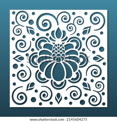 Laser cut panel, paper card background. CNC stencil fot cutting, engraving. Diy craft,  square tile with floral patter, silhouette. Paper art, interior design, home decor. Vector illustration