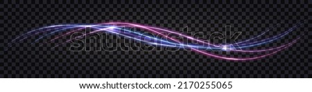 Neon glowing swirl wave, electric light effect. Purple and blue curve lines, cyber technology, fiber optic, isolated design element on dark transparent background.  Vector illustration