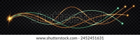 Fiber optic cable lines. Swirl wave, yellow and green light glowing effect, thunder bolt. Cyber data communication,  futuristic hi tech design. Isolated on transparent background, vector illustration