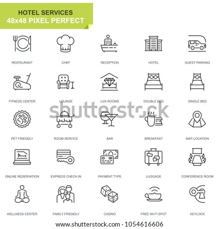 Simple Set Hotel Service Line Icons for Website and Mobile Apps. Contains such Icons as Restaurant, Room Services, Reception. 48x48 Pixel Perfect. Editable Stroke. Vector illustration.