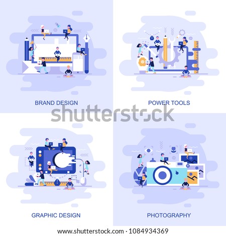 Modern flat concept web banner of Photography, Graphic Design, Power Tools and Brand Design with decorated small people character. Conceptual vector illustration for web and graphic design, marketing.