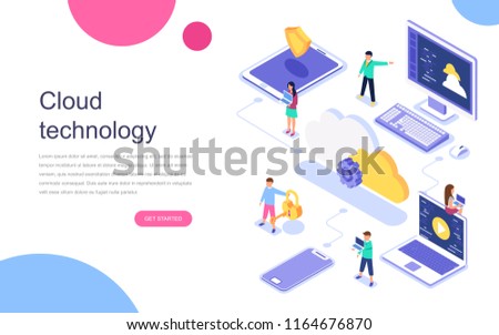 Modern flat design isometric concept of Cloud Technology for banner and website. Landing page template. Data center, software solutions to share informations on digital network. Vector illustration.