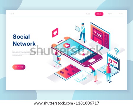 Modern flat design isometric concept of Social Network for banner and website. Isometric landing page template. Virtual communication and media sharing. Vector illustration.