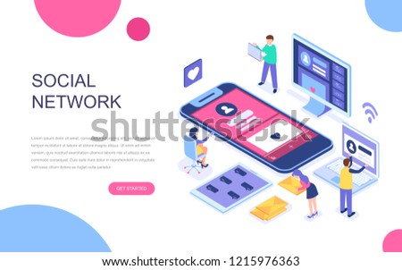 Modern flat design isometric concept of Social Network for banner and website. Isometric landing page template. Virtual communication and media sharing. Vector illustration.