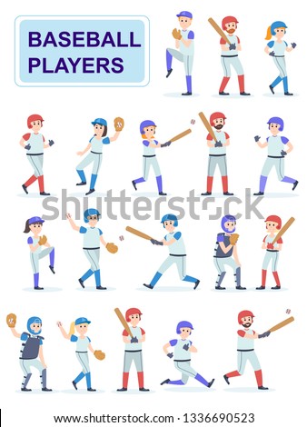 Set of baseball players at classic uniform. Men and girls play baseball serve and beat off a ball. Cartoon characters isolated on white background. Flat vector illustration.