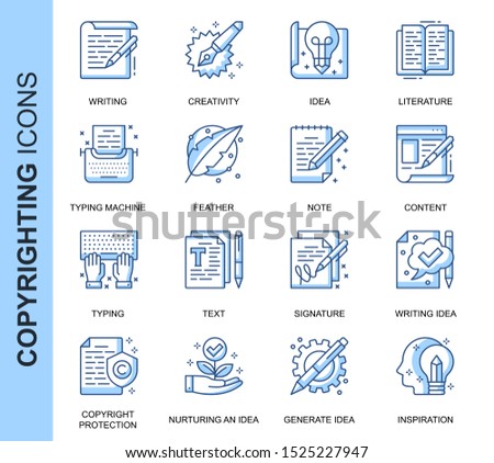 Thin Line Copyrighting Related Vector Icons Set for Website and Mobile Site and Apps. Outline icons design. Contains such Icons as Typing Machine, Signature, Process and more. Linear Pictogram Pack.