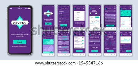 Cryptocurrency smartphone interface vector templates set. Financial app. Mobile wallet. Web page design layout. Pack of UI, UX, GUI screens for application. Phone display. Web design kit