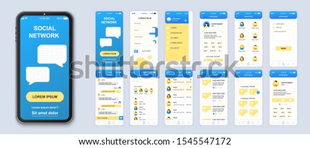 Social network mobile app interface design vector templates set. Online chatting. Internet communication. Web page design layouts kit. Pack of UI, UX, GUI screens for application. Phone display