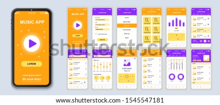 Music mobile app interface design vector templates set. Audio player. Online playlist. Smartphone web page layout. Pack of UI, UX, GUI screens for application. Phone display. Web design kit