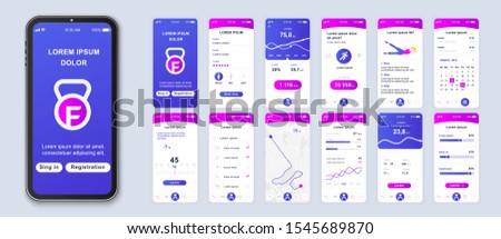 Fitness application smartphone interface vector templates set. Web design UI kit. Workout dashboard. Mobile web page modern design layout. Pack of UX, GUI screens for apps. Phone display