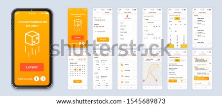Delivery mobile app smartphone interface vector templates set. Online parcel shipping web page design layout. Pack of UI, UX, GUI screens for application. Phone display. Web design kit