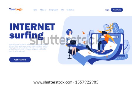 Internet surfing vector landing page template with header. Information online search web banner, homepage design with flat illustrations. Internet users cartoon characters. Webpages scanning concept