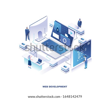 Front-end and back-end web development, programming, coding isometric landing page. Concept with programmers or coders working on computers around giant laptop. Modern vector illustration for website.