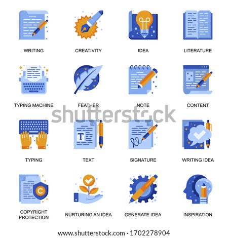 Copywriting icons set in flat style. Idea generation and creativity, writing and typing, copyright protection, blogging signs. Imagination and inspiration in literature pictograms for UX UI design.
