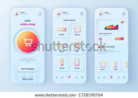 Online shopping unique neumorphic design kit for mobile app neumorphism style. Shopping platform screens with product. Internet marketplace UI, UX template set. GUI for responsive mobile application. 商業照片 © 