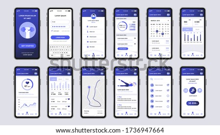 Fitness workout unique design kit for mobile app. Fitness tracker screens with running route planner, analytics and heart rate monitor. Sport UI, UX template set. GUI for responsive mobile application