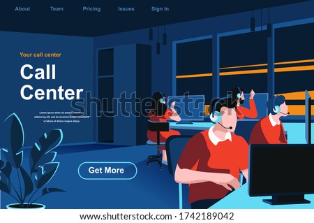Call center isometric landing page. Hotline operators with headsets in office website template. Online customer support, telemarketing, consultation and assistance perspective flat vector illustration