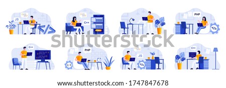 Programming scenes bundle with people characters. Frontend and backend developers working with computers in office, software design and coding situations. Programs development flat vector illustration