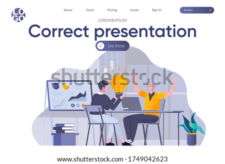 Correct presentation landing page with header. Marketing team create business presentation, brainstorming and sharing ideas in office scene. Coworking and teamwork situation flat vector illustration.