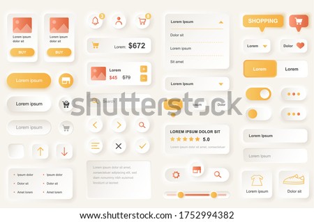User interface elements for shopping mobile app. Shopping platform navigation, product rating and price gui templates. Unique neumorphic ui ux design kit. Manage, search and payment form and component