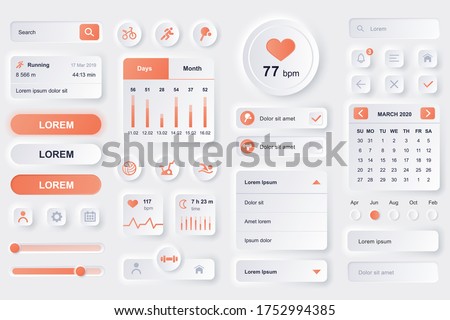 User interface elements for fitness workout mobile app. Fitness tracker, sport activity planner, heart rate monitor gui templates. Unique neumorphic ui ux design kit. Manage and navigation components.