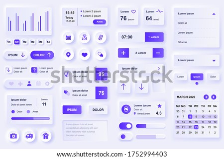 User interface elements for medical mobile app. Diagnosis and treatment, pharmacy store and laboratory gui templates. Unique neumorphic ui ux design kit. Manage, navigation, search form and components