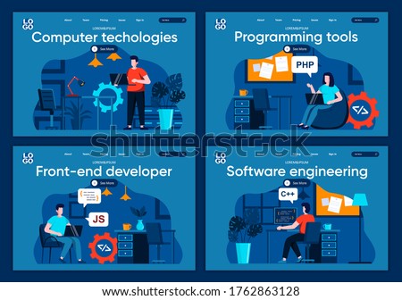 Computer technologies flat landing pages set. Software development company scenes for website or CMS web page. Programing tools, frontend developer, software engineering vector illustration.