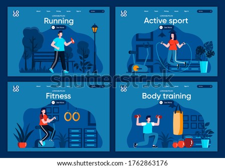 Active sport flat landing pages set. Strength and cardio training in gym, jogging and lifting dumbbells scenes for website or CMS web page. Body training, fitness and running vector illustration.