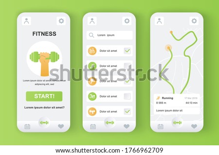 Fitness monitor unique design kit for mobile app. Personal tracker with running route on map, different kinds of workouts. Sport UI, UX template set. GUI for responsive mobile application.