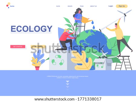 Ecology flat landing page template. People caring about earth planet, watering and planting trees situation. Web page with people characters. Global ecology and clean green energy vector illustration