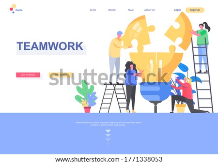 Teamwork flat landing page template. Group of people together building idea lightbulb from puzzle elements situation. Web page with people characters. Partnership and collaboration vector illustration