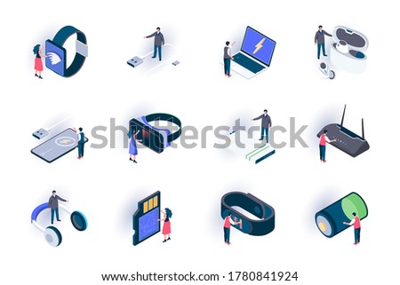Technology devices isometric icons set. Innovative smart gadgets, modern digital technologies in life flat vector illustration. Mobile digital devices 3d isometry pictograms with people characters.