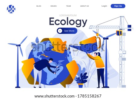 Ecology flat landing page. People planting trees and watering earth globe vector illustration. Global ecology and ecosystem safety, clean green energy web page composition with people characters.