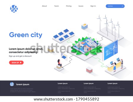 Green city isometric landing page. Ecology conservation and safety, renewable resources end green energy technology isometry web page. Website flat template, vector illustration with people characters