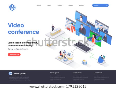 Video conference isometric landing page. Online visual communication of team members, teleconference and video call isometry web page. Website flat template, vector illustration with people characters