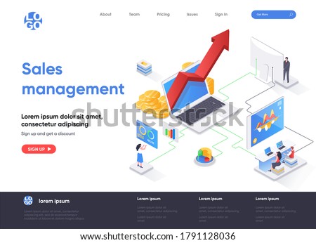 Sales management isometric landing page. Developing sales force, coordinating sales operations and data analysis isometry web page. Website flat template, vector illustration with people characters.