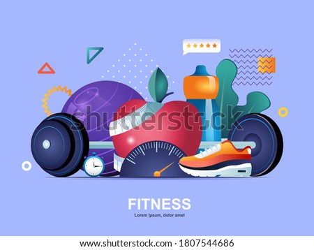 Fitness flat concept with gradients. Fitness center web template. Healthy lifestyle and natural food, motivation, sport equipment 3d composition, functional training vector illustration.