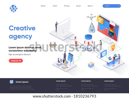 Creative agency isometric landing page. Creative design workshop isometry concept. Professional branding, creativity and ideas visualization flat web page. Vector illustration with people characters.