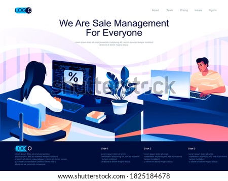 We are Sale Management for everyone isometric landing page. Analyzing and developing salesforce isometry website. Manager working on computer web concept, vector illustration with people characters.