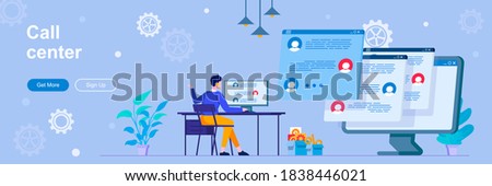 Call center landing page with people characters. Online hotline and helpdesk web banner. Customer assistance service vector illustration. Flat concept great for social media promotional materials.