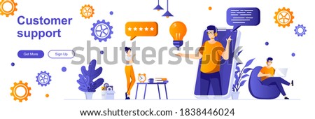 Customer support landing page with people characters. Online customer assistance service web banner. Call center operator vector illustration. Flat concept great for social media promotional materials