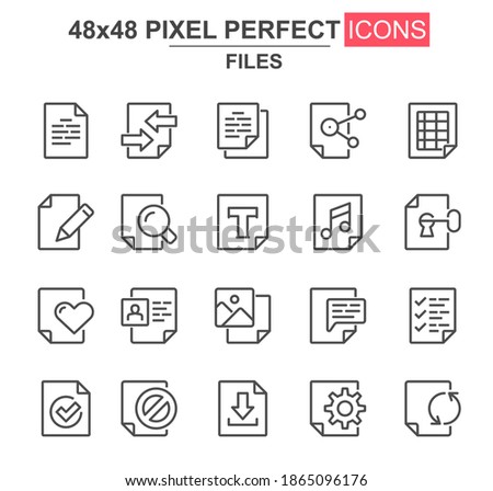 Files thin line icon set. Document lock, edit, delete, processing, search, preferences, media content unique icons. Outline vector bundle for UI UX design. 48x48 pixel perfect linear pictogram pack.