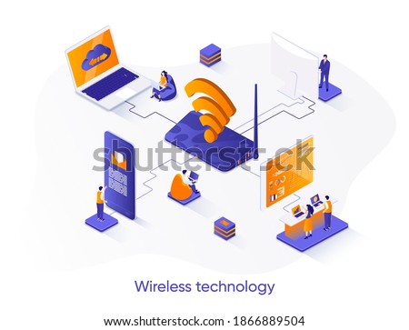 Wireless technology isometric web banner. WiFi network communication isometry concept. Internet sharing 3d scene, gadgets network connection flat design. Vector illustration with people characters.