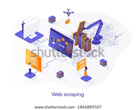 Web scraping isometric web banner. Data extraction software isometry concept. Process of automatic collecting and parsing raw data from web 3d scene design. Vector illustration with people characters.