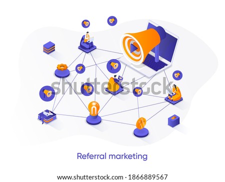 Referral marketing isometric web banner. Social network promotion isometry concept. Attraction of new customers 3d scene, referral program flat design. Vector illustration with people characters.