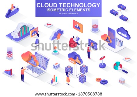 Cloud technology bundle of isometric elements. Server rack, hosting provider, information network, data storage, cloud database isolated icons. Isometric vector illustration kit with people characters